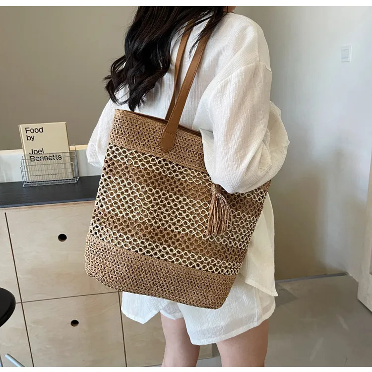 3ad59a6e-a776-4188-8e6d-7125848cfe65.jpg Summer Stripe Straw Sholder Bags With Tassel Pendant Fashion Large Capacity Seaside Vacation Beach Bags - Image 7